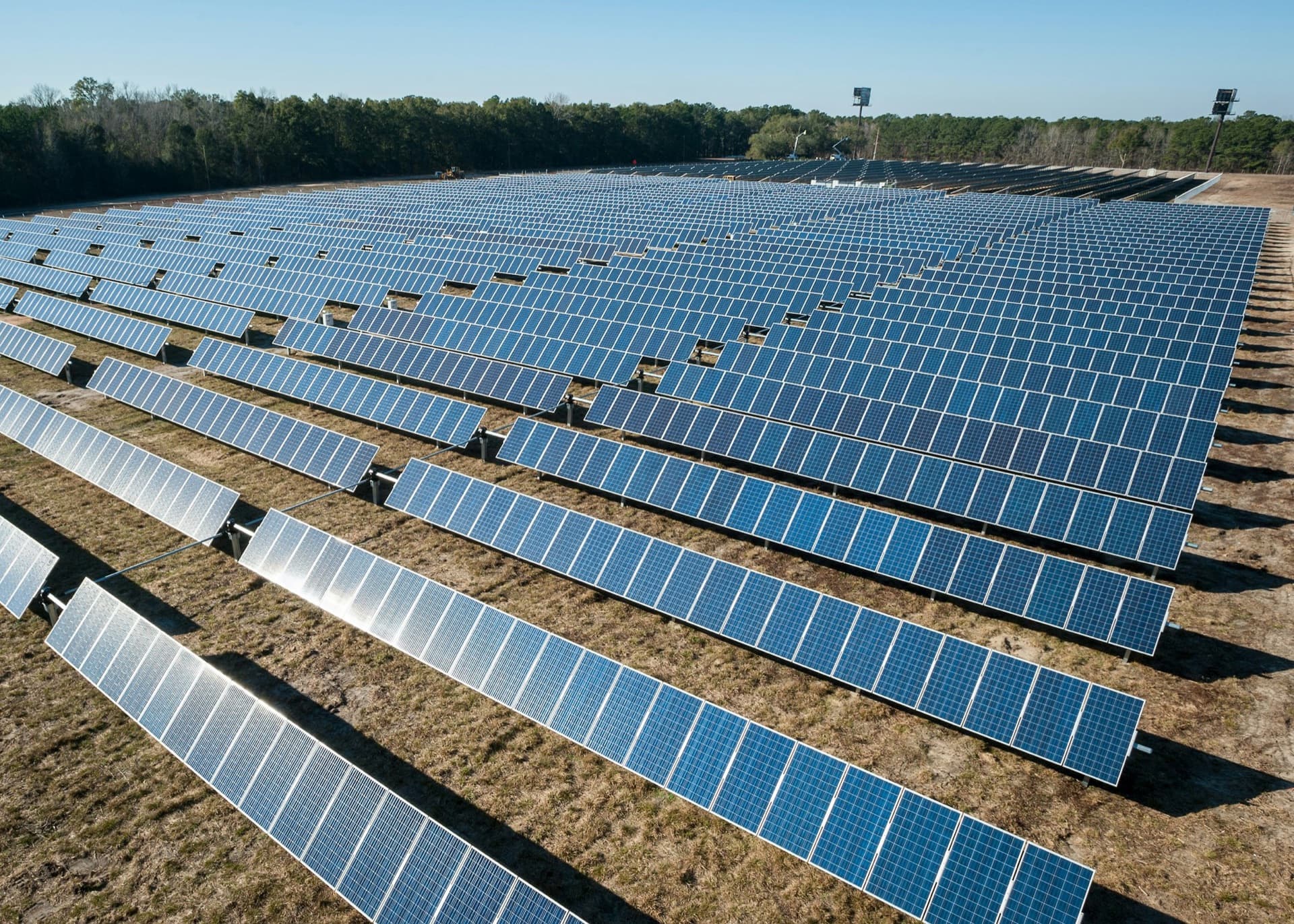 Aerial view of a utility-scale solar farm